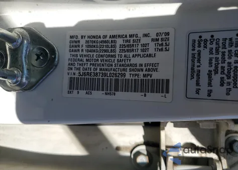 2009 Honda Cr-V Exl from USA, damaged, VIN 5J6RE38739L026299